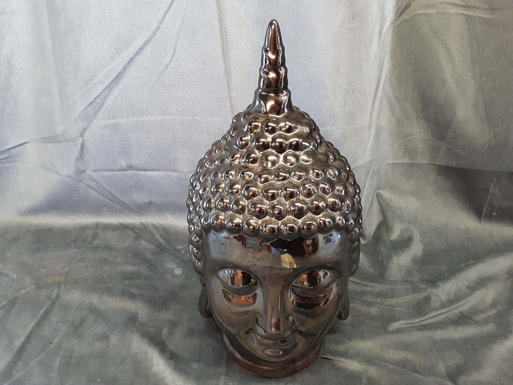 Tete De Bouddha E Porcelaine Noire Brillant Haut 34Cm