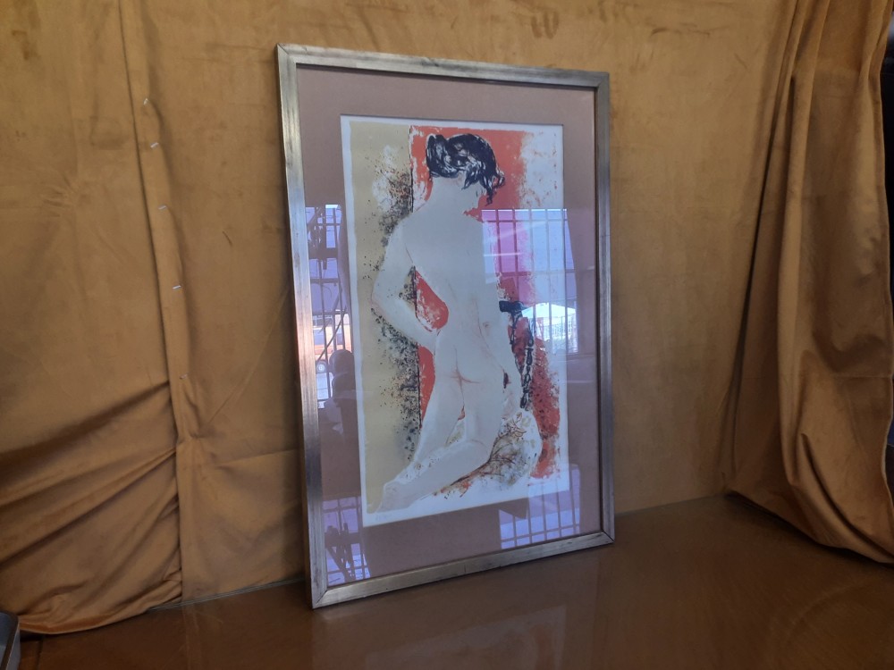 Lithographie Femme Nue Agenouilée Sur Chaise Signée Joffrin