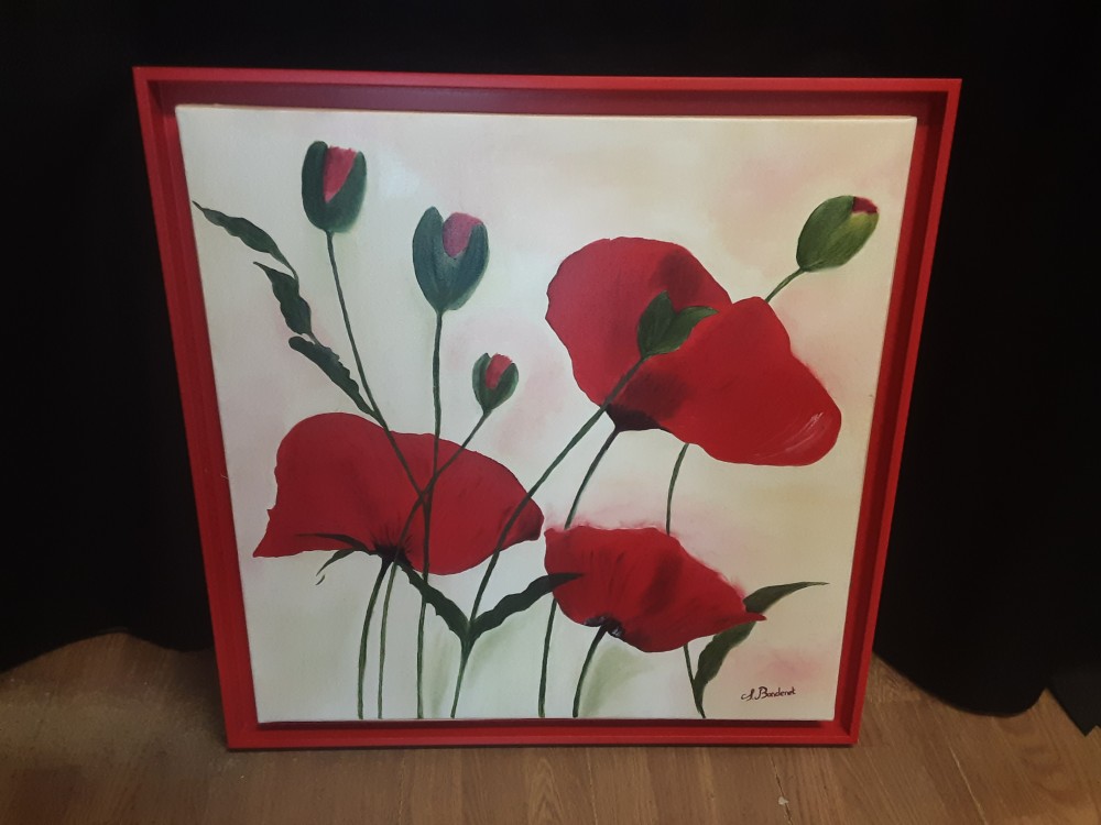 TABLEAU CADRE ROUGE "COQUELICOTS" SIGNÉ BONDENET