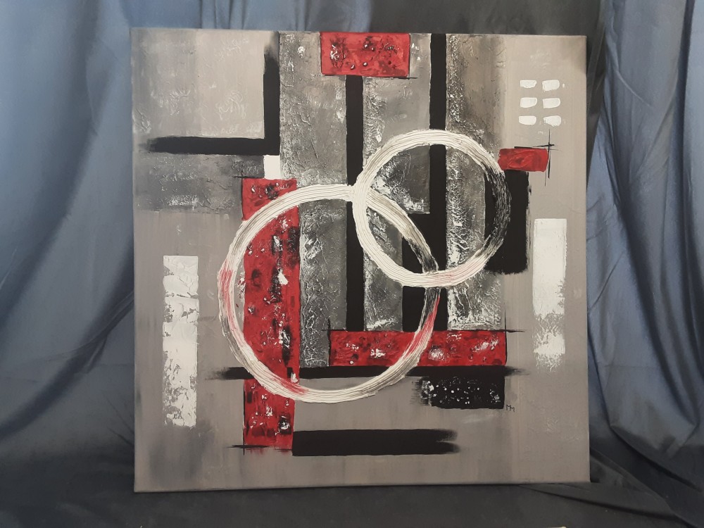 TABLEAU SANS CADRE "CERCLES" GRIS ROUGE BLANC