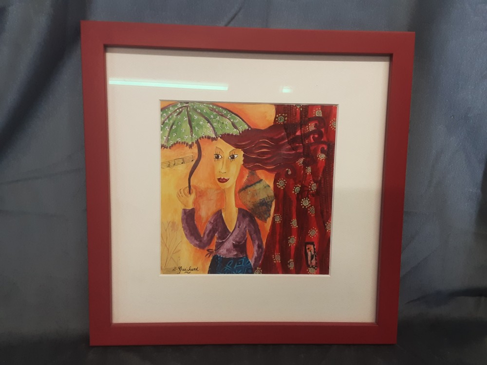 TABLEAU CADRE ROUGE "DAME ET OMBRELLE" SIGNÉ GUICHARD