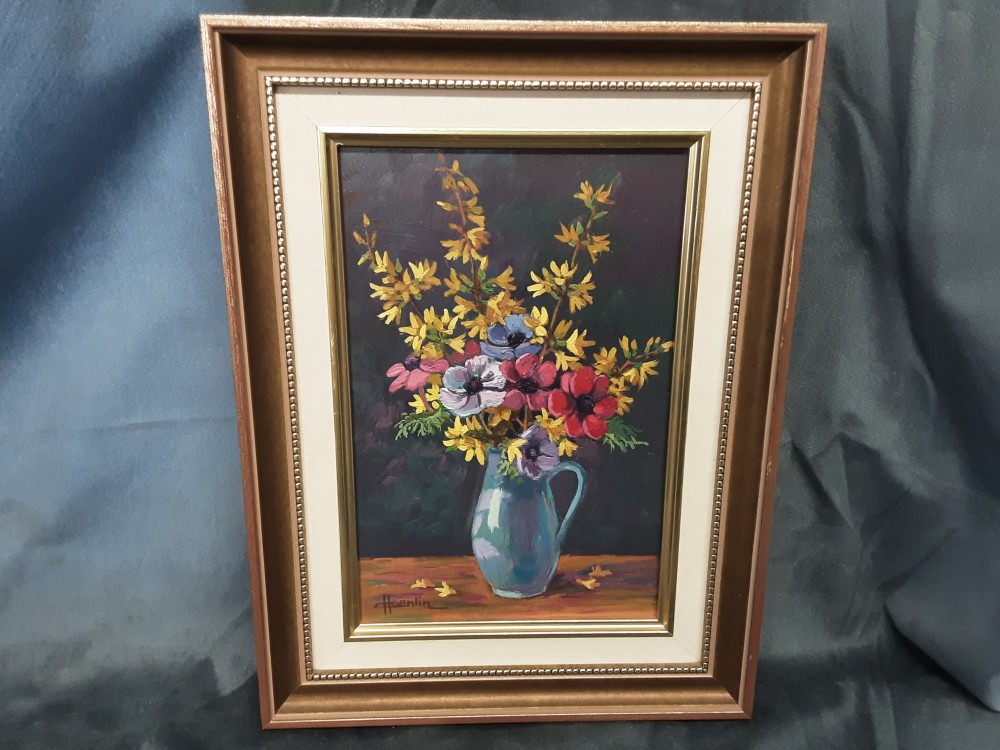 TABLEAU VASE BLEU BOUQUET DE FLEURS 
