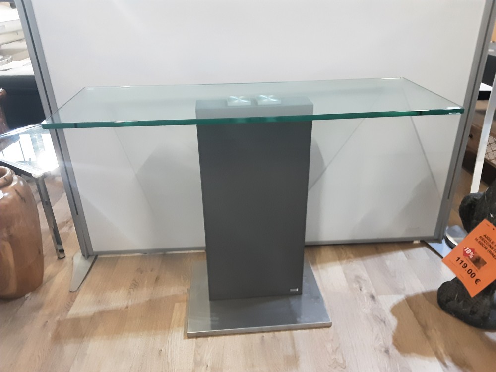 CONSOLE  PLATEAU VERRE PIED BOIS ET CHROME
