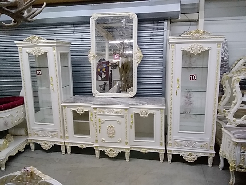 ENSEMBLE BUFFET MARBRE ET 2 VITRINES AVEC MIROIR BAROQUE BEIGE DORÉ 
