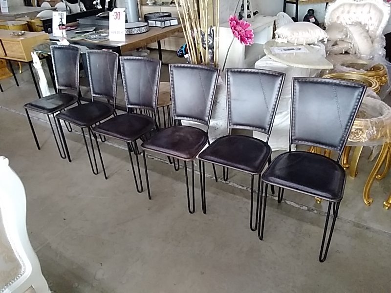 LOT DE 6 CHAISES FER FORGÉ CUIR BRUN 