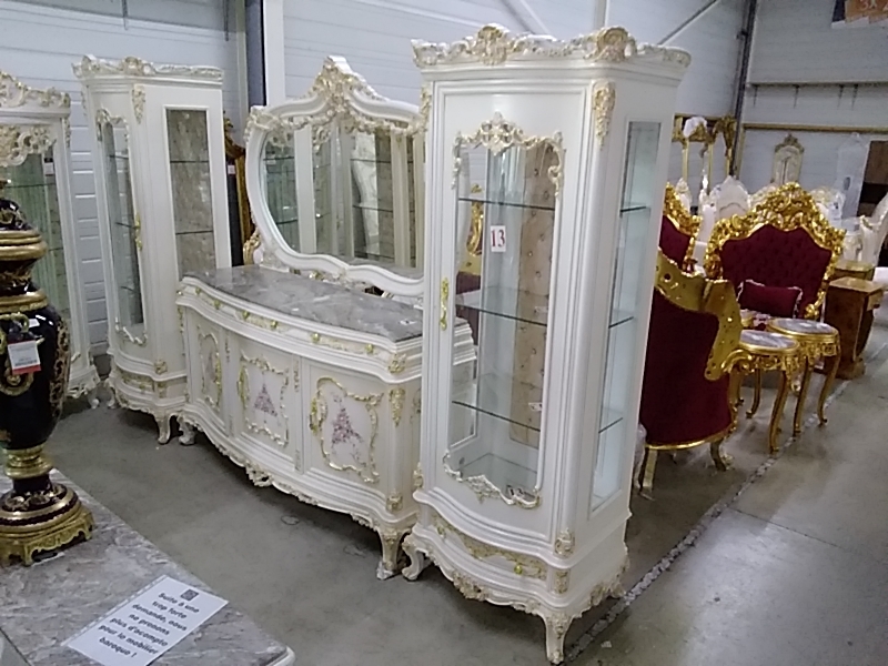 ENSEMBLE BUFFET 2 VITRINES BAROQUE MARBRE ET MIROIR 