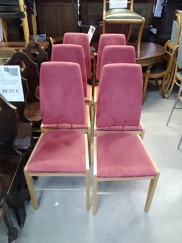 LOT DE 6 CHAISES BRUN CLAIR VELOURS ROUGE