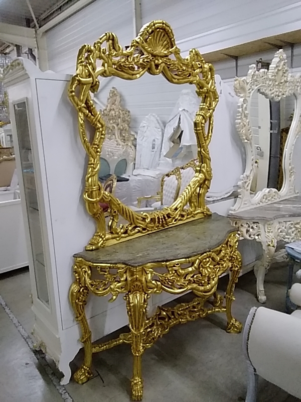 CONSOLE BAROQUE DORÉE MARBRE ET MIROIR 