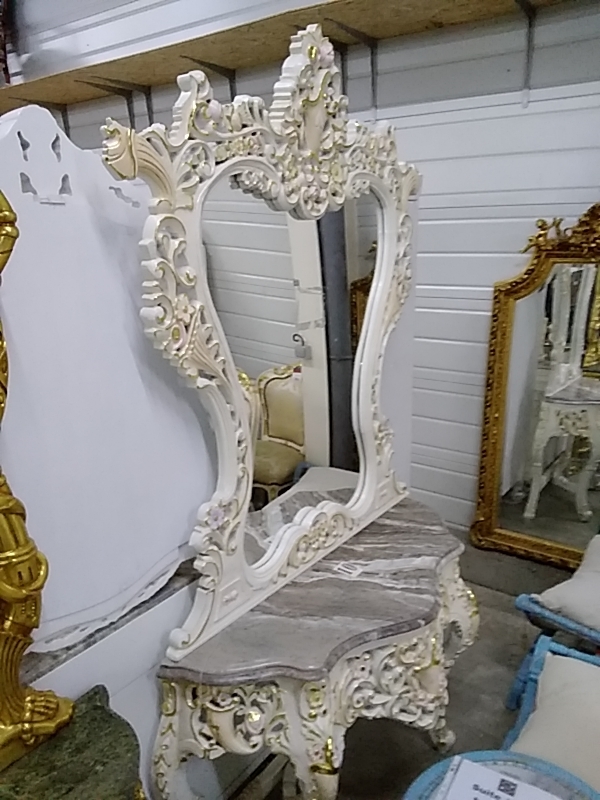 CONSOLE BAROQUE BEIGE MARBRE ET MIROIR 