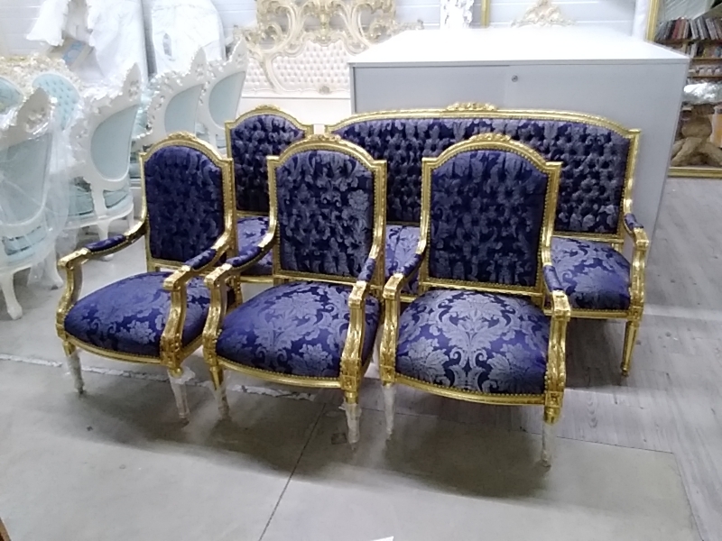 SALON BAROQUE CANAPÉ ET 4 FAUTEUILS DORÉ TISSU BLEU 