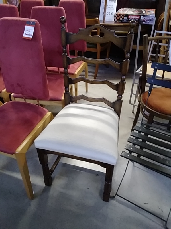 CHAISE ANCIENNE BOIS FONCÉ TISSU BEIGE