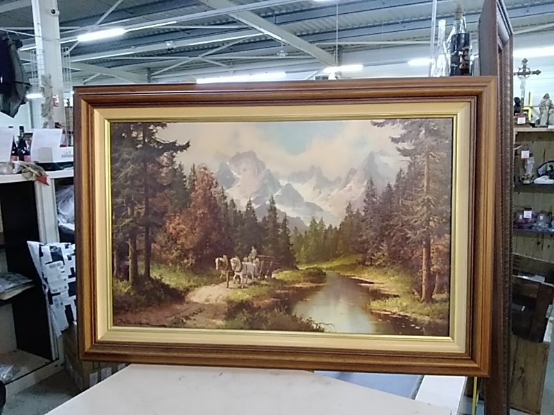 TABLEAU CHARETTE DE BOIS SIGNÉ G NESWADBA 97 X 66CM
