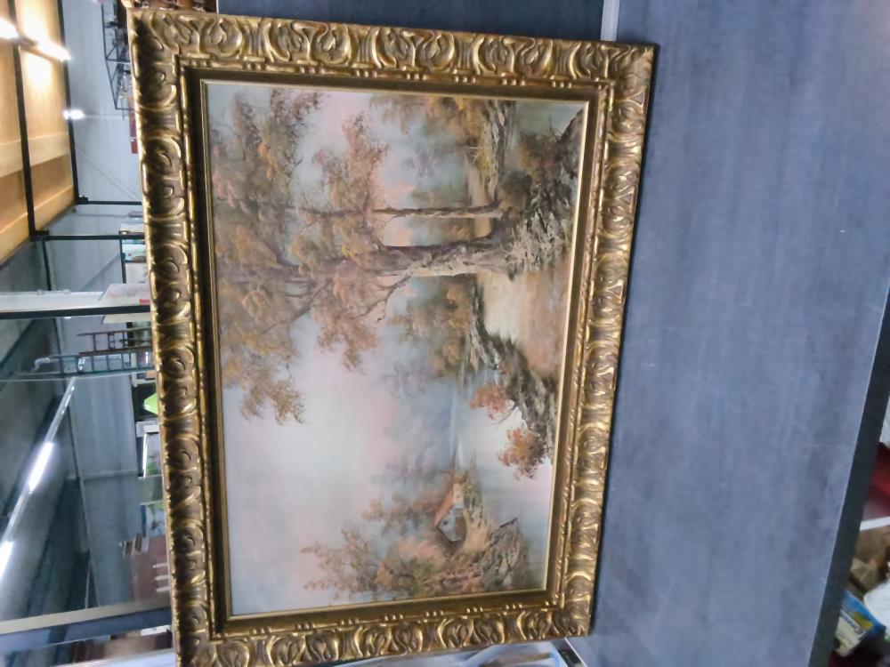 TABLEAU BAROQUE PEINTURE ARBRE RIVIÈRE 108X78CM