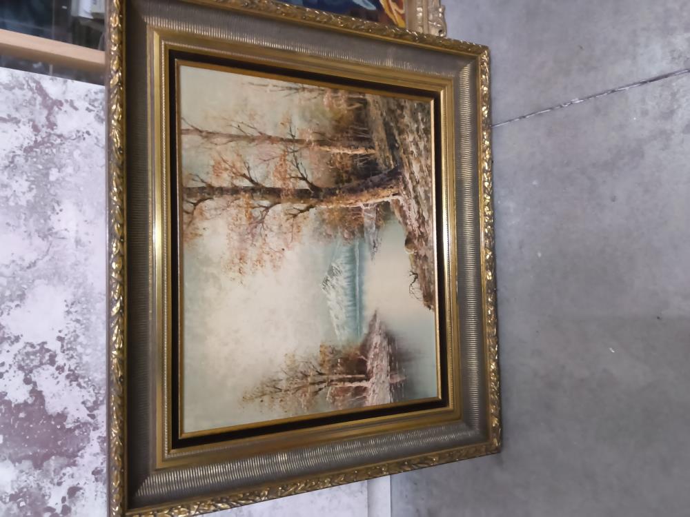 TABLEAU DORÉ.   ARBRES GLACIER  77 X 94 CM