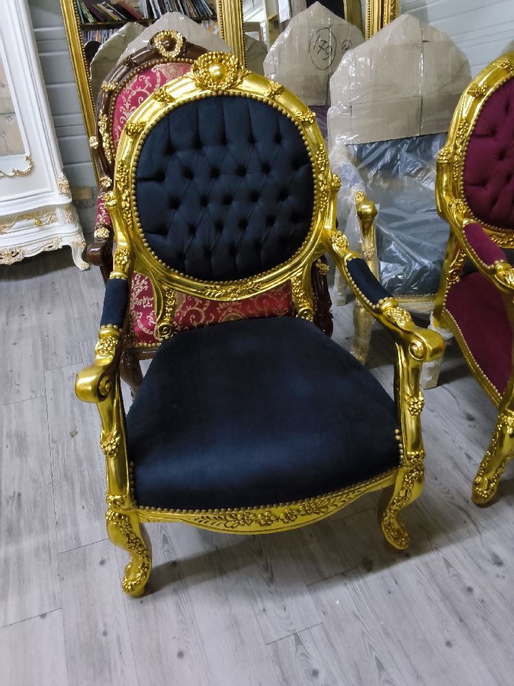 FAUTEUIL BAROQUE GRAND MODÈLE DORÉ VELOURS NOIR 