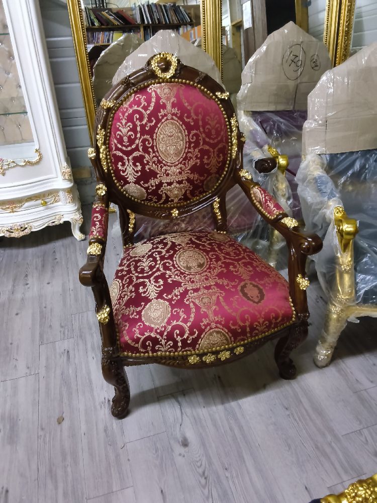 FAUTEUIL BAROQUE GRAND MODÈLE DORÉ BOIS TISSU ROUGE 