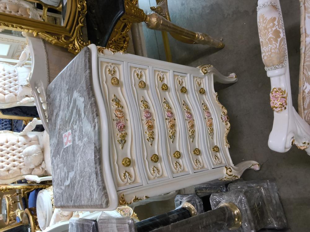 COMMODE BAROQUE BEIGE ET DORÉE 5 TIROIRS MARBRE 