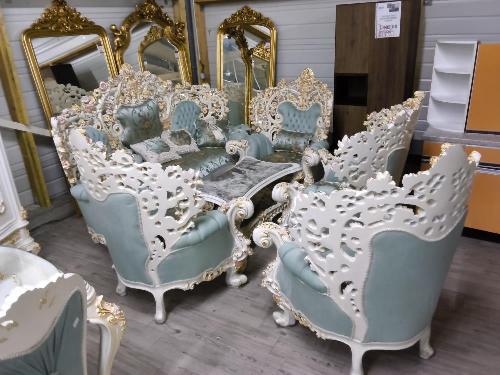 SALON BAROQUE GÉANT BEIGE CANAPÉ + 4 FAUTEUILS + TABLE BASSE MARBRE 