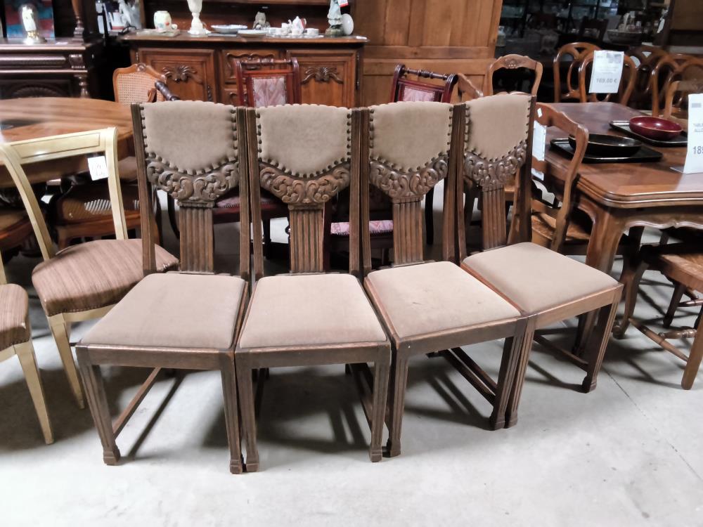 LOT DE 4 CHAISES SCULPTEES BOIS TISSU BEIGE