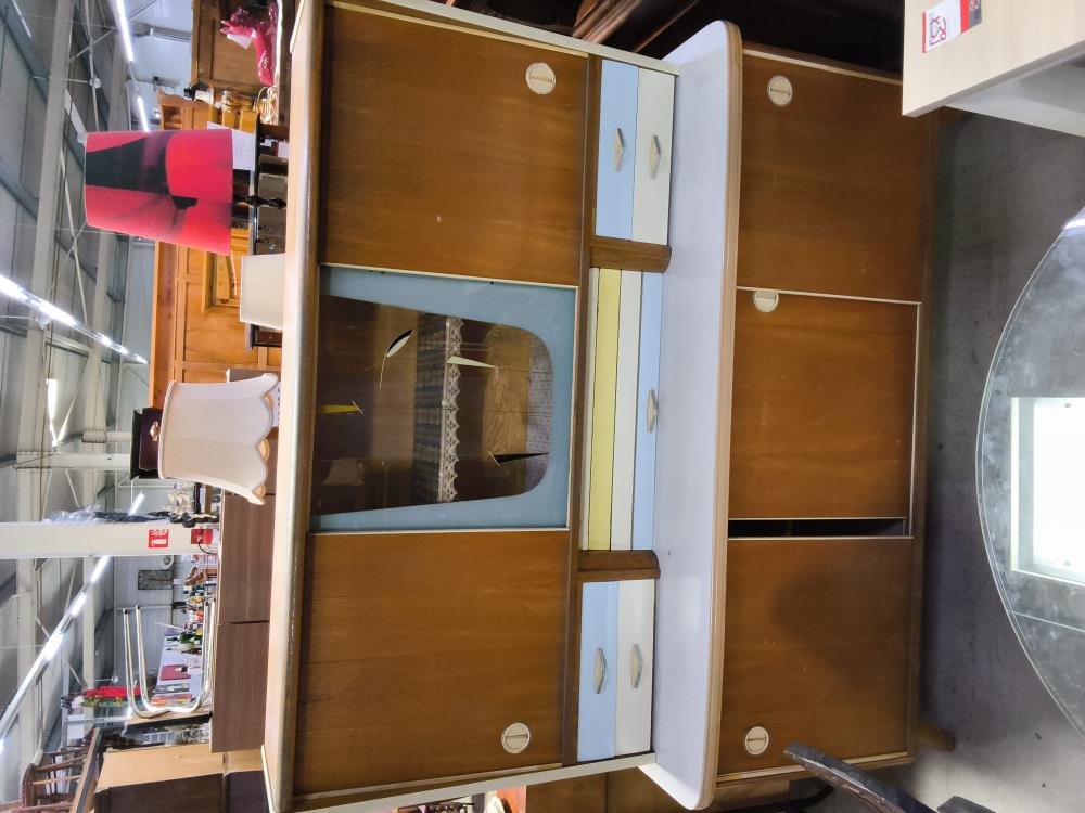 MEUBLE 2 CORPS VINTAGE BOIS ET FORMICA COULEUR 4 TIROIRS 1 CLAPET 6 PORTES COULISSANTES