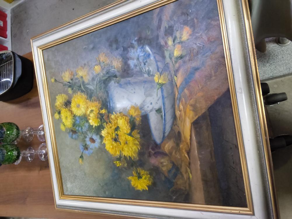 TABLEAU BOUQUET DE FLEURS JAUNES 73 X 83 CM SIGNÉ 