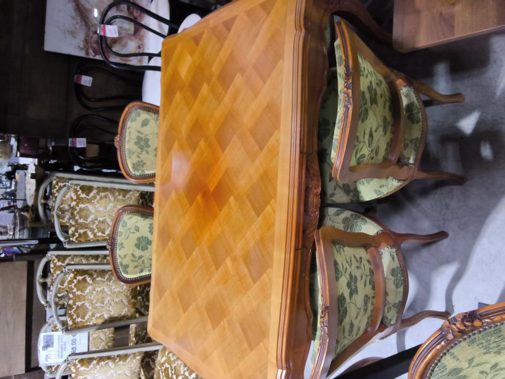 ENSEMBLE TABLE MERISIER AVEC ALLONGES ET 6 CHAISES MERISIER TISSU JAUNE VERT 