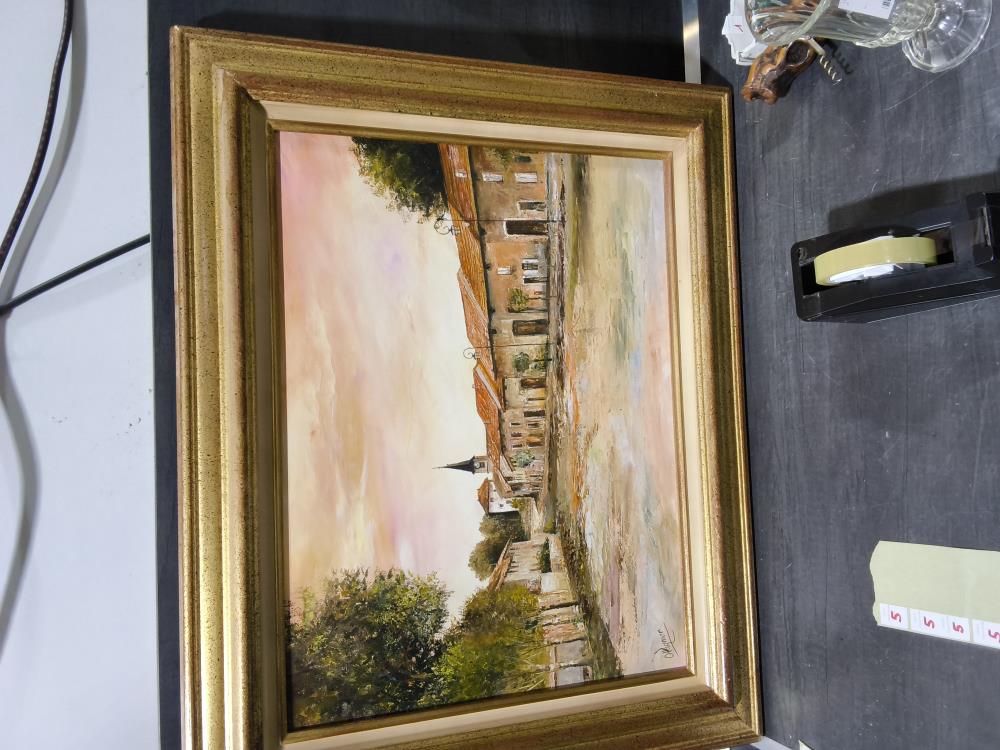 TABLEAU SIGNÉ VILLAGE  78 X 64 CM