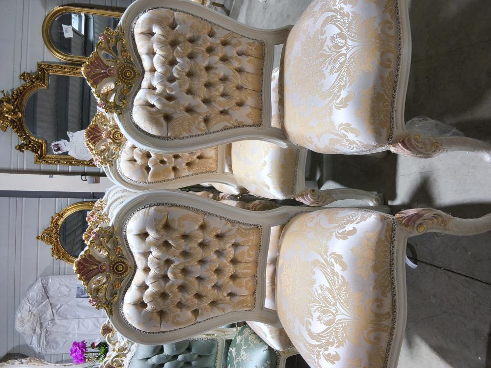 LOT DE 8 CHAISES BAROQUE BLANCHE TISSUS JAUNE BEIGE