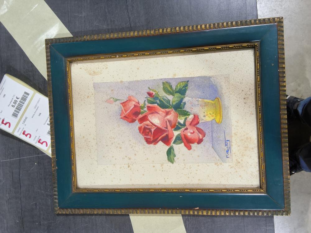 TABLEAU ANCIEN BOUQUET SIGNÉ  CADRE BLEU