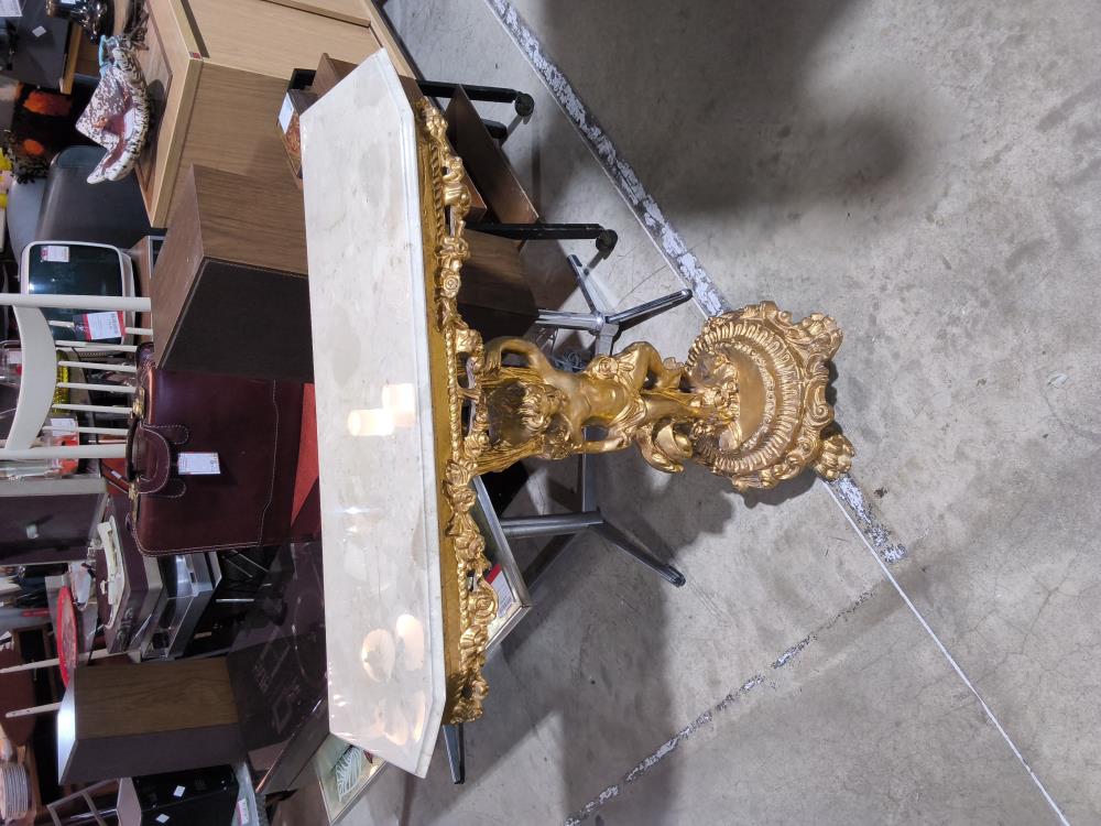 CONSOLE ANCIENNE EN BOIS DORÉE AVEC MIROIR ET MARBRE