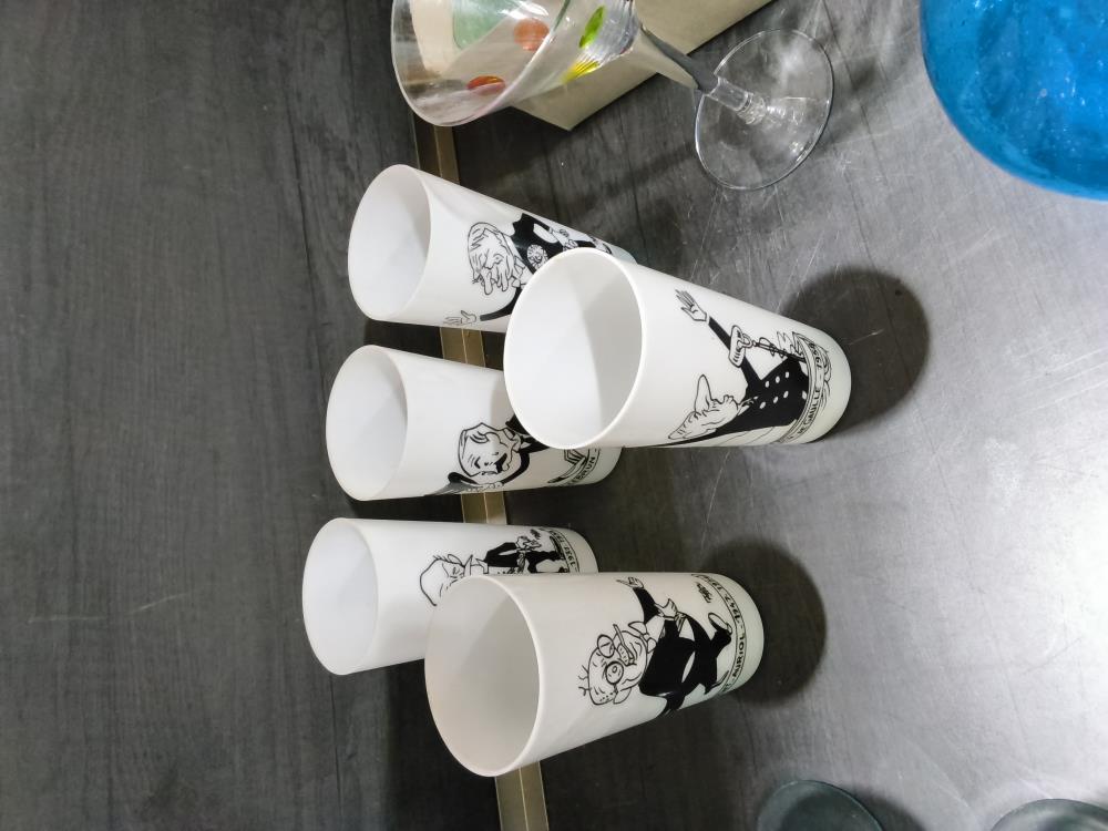 LOT DE 5 VERRES COMIQUES BLANC 