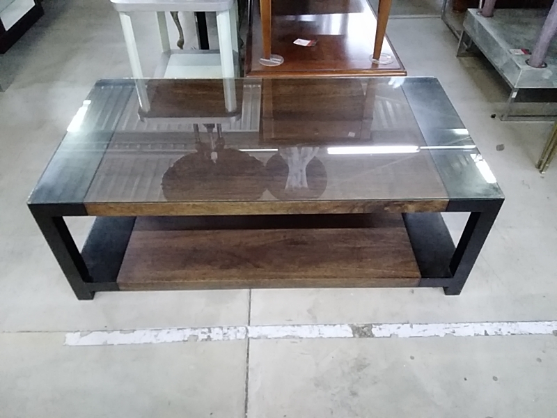 TABLE BASSE BOIS PLATEAU EN VERRE 130X70CM