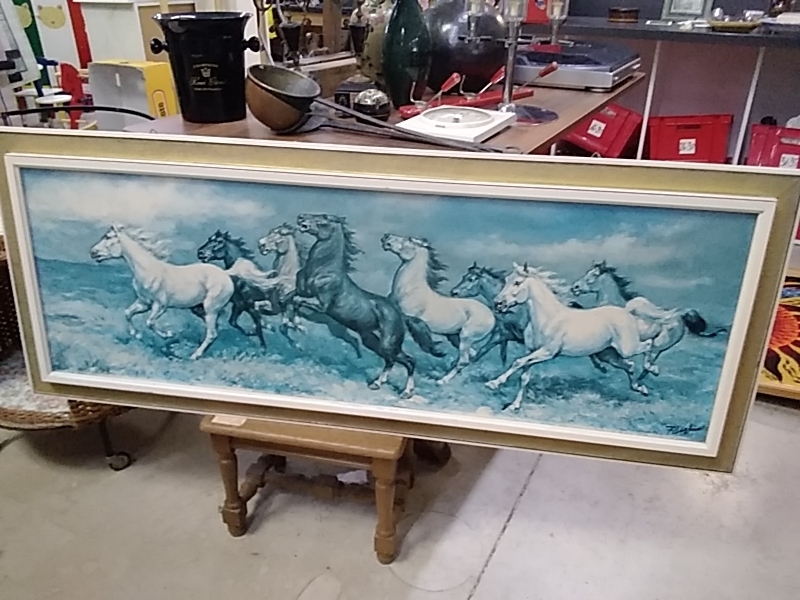 TABLEAU ANNÉES 70 SIGNÉ CHEVAUX 131 X 52 CM