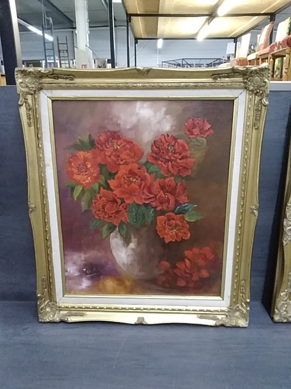 TABLEAU  CADRE DORÉ FLEURS ROUGE  59 X 69 SIGNÉE JANSCH