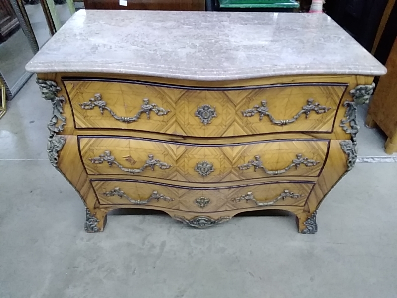 COMMODE STYLE LOUIS XV MARQUETERIE MARBRE BRONZE