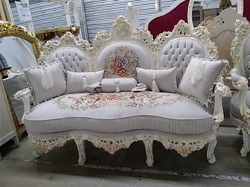 SALON BAROQUE DORÉ BEIGE CANAPÉ 4 FAUTEUILS ET TABLE BASSE MARBRE
