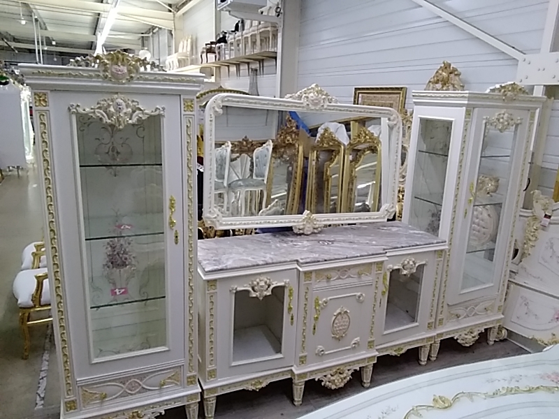 ENSEMBLE BUFFET 2 VITRINES MIROIR BAROQUE BEIGE DORÉ
