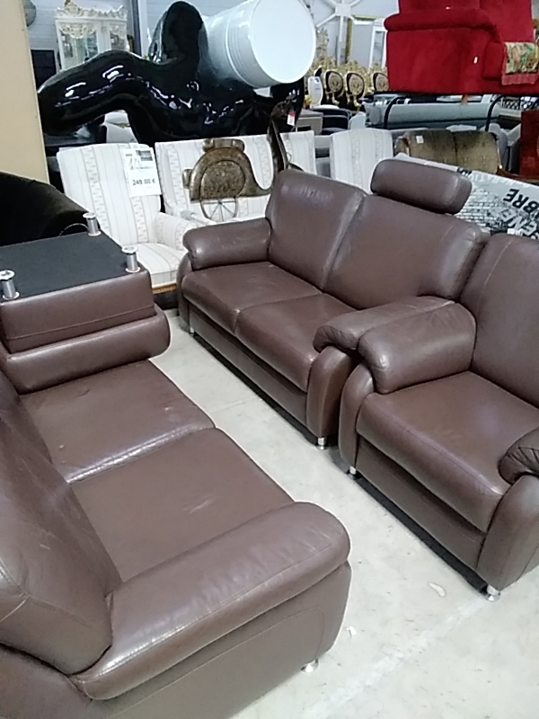 SALON CUIR BRUN  3+2+1+ POUF MODERNE 