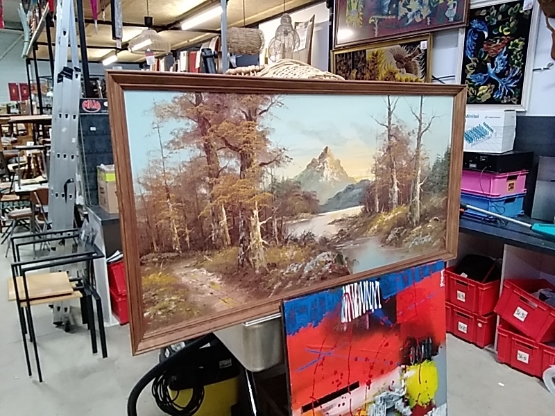 TABLEAU MONTAGNE LAC SIGNÉ 127 X 67CM