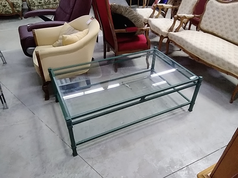 TABLE BASSE MÉTAL VERT 2 PLATEAUX VERRE 