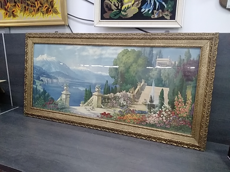 TABLEAU DORÉ MONTAGNE LAC 67 X 132 CM