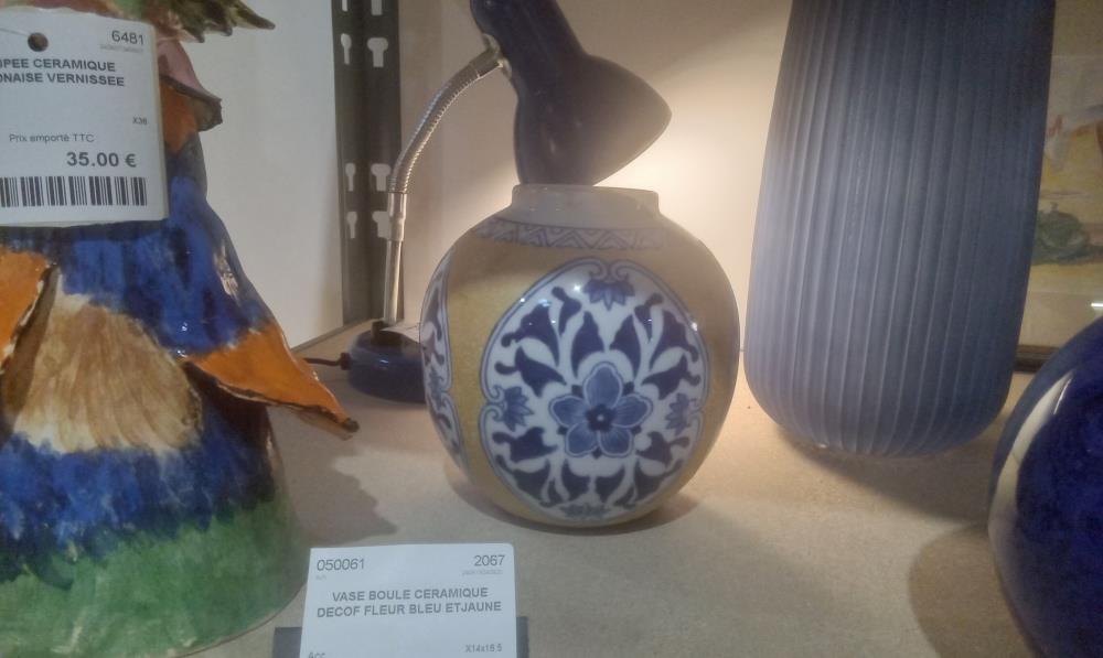 VASE BOULE CERAMIQUE DECOF FLEUR BLEU ETJAUNE