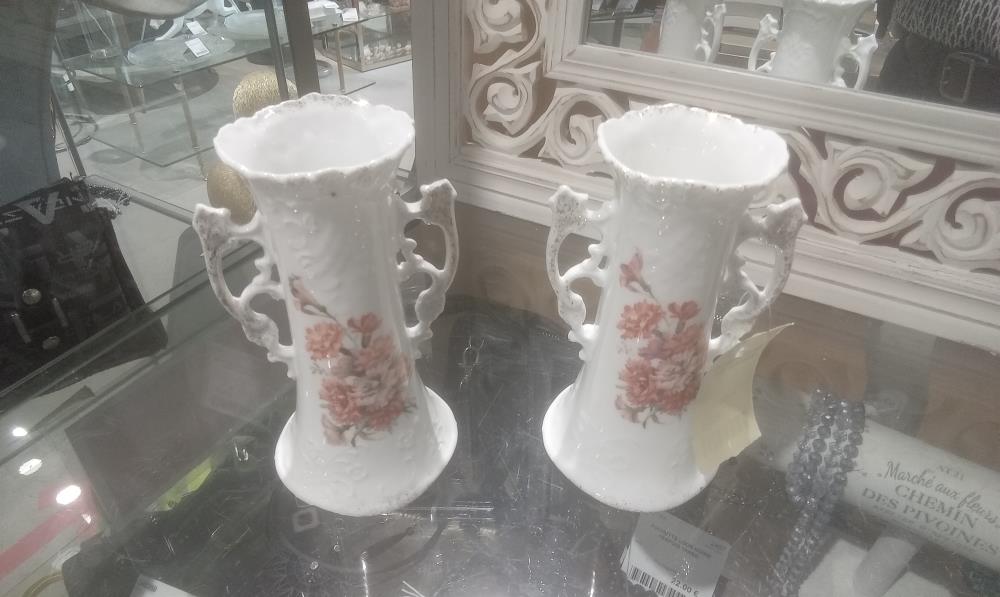 PAIRE DE VASE CERAMIQUE 2ANSES DECOR FLORAL