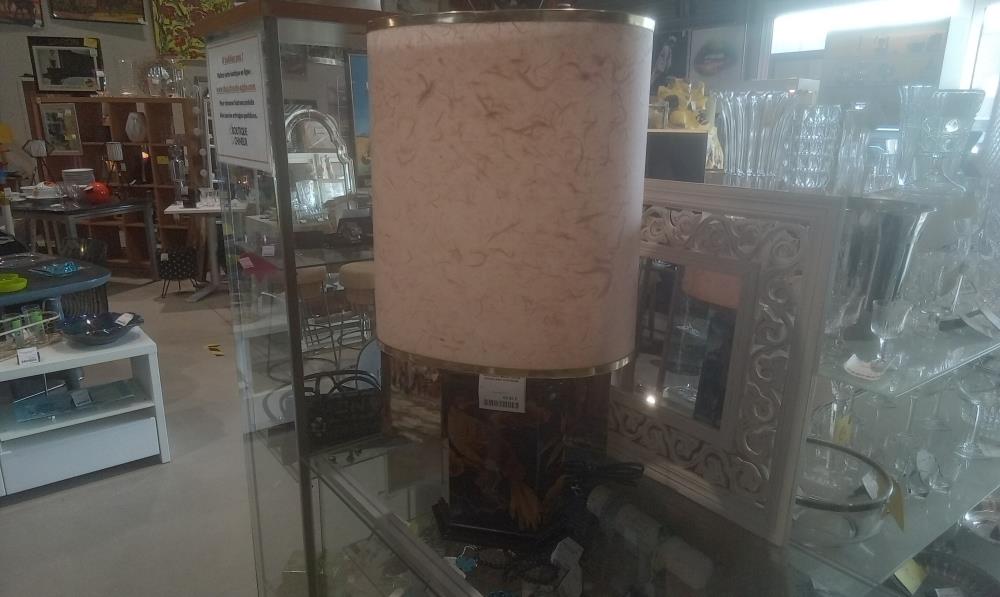 LAMPE BOIS LAQUE  DECOR FAISAN+ABATJOUR BEIGE