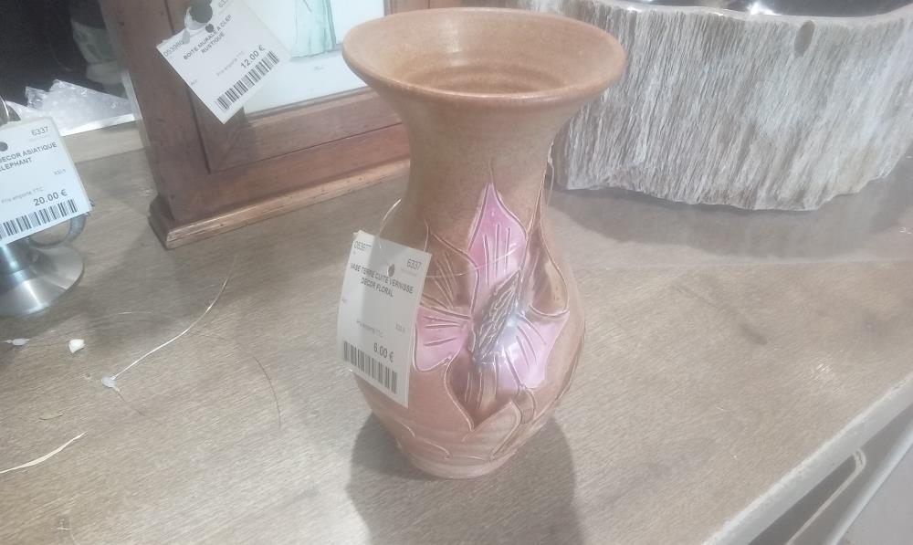 VASE TERRE CUITE VERNISSE DECOR FLORAL