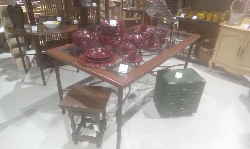 TABLE PIED METAL ET BOIS+PLATEAU VERRE