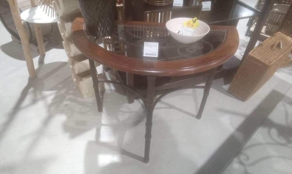 CONSOLE DEMI LUNE PIED METAL ET BOIS ET PLATEAU VERRE