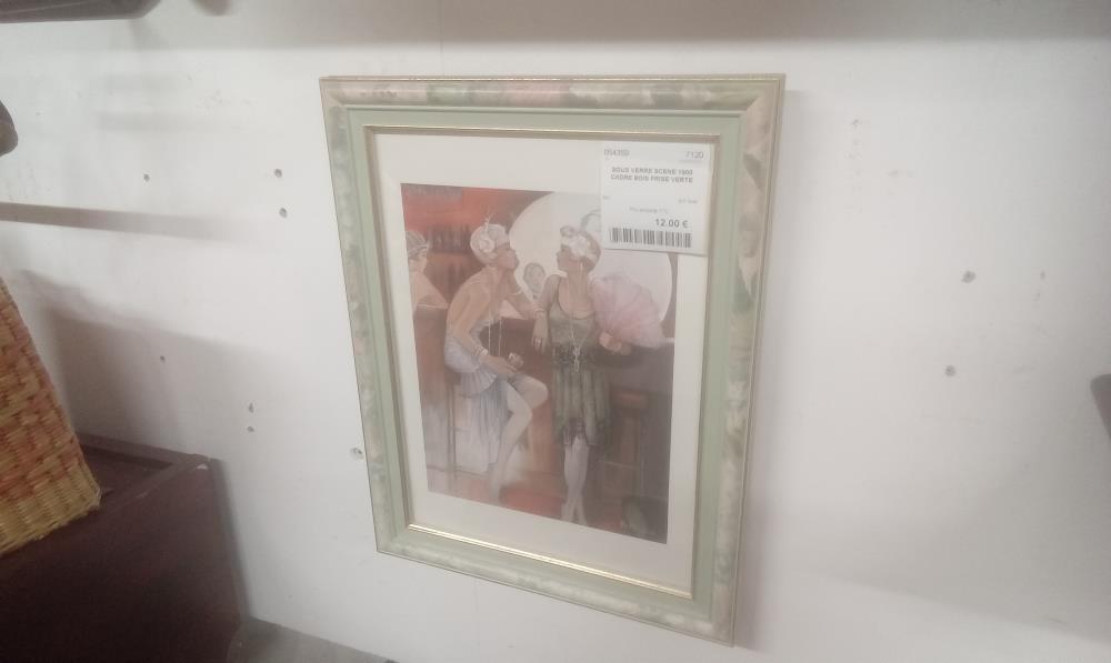 SOUS VERRE SCENE 1900 CADRE BOIS FRISE VERTE