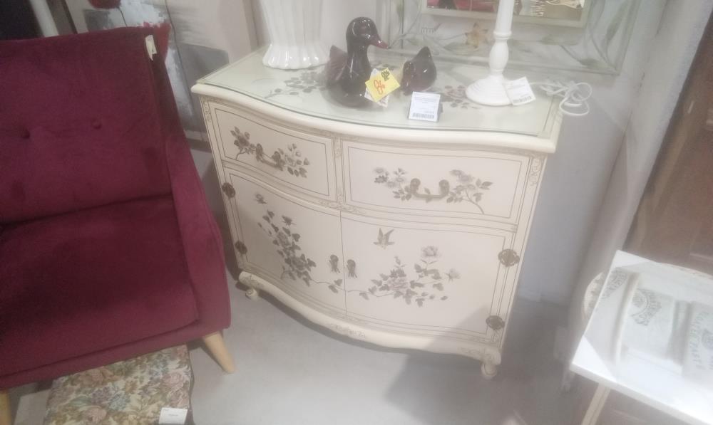 MEUBLE LAQUE ASIATIQUE 2 PORTES+2 TIROIRS DECOR FLORAL