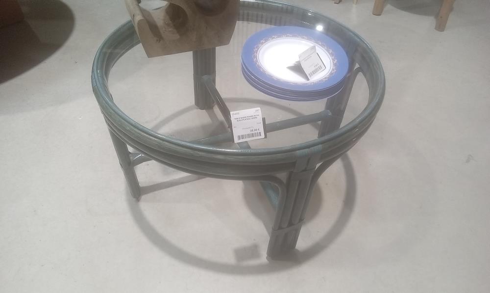 TABLE BASSE RONDE ROTIN BLEU+PLATEAU VERRE